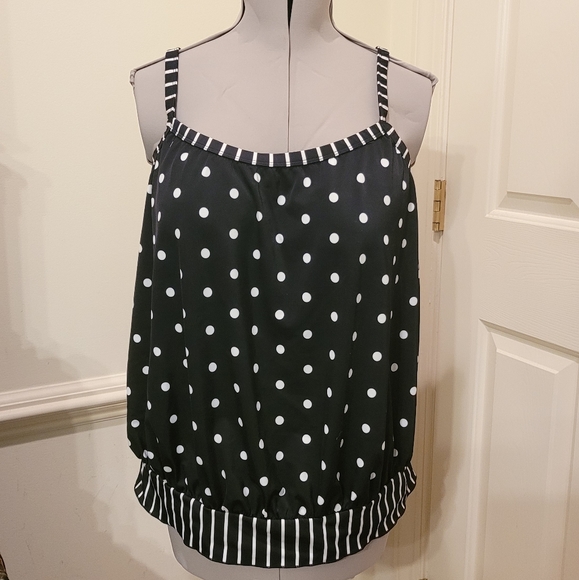 Kim Rogers Curvy Tankini Swimsuit Top Black White Polka Dot and stripes Sz 22W - Picture 1 of 13